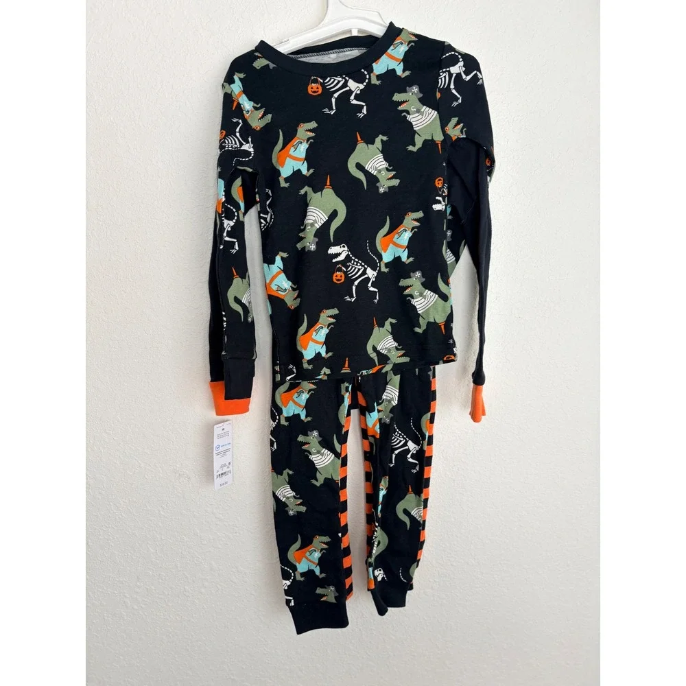 Carter's Halloween Pajamas 4pc Set 4T Black Orange NEW Glow Dinosaur Skeleton